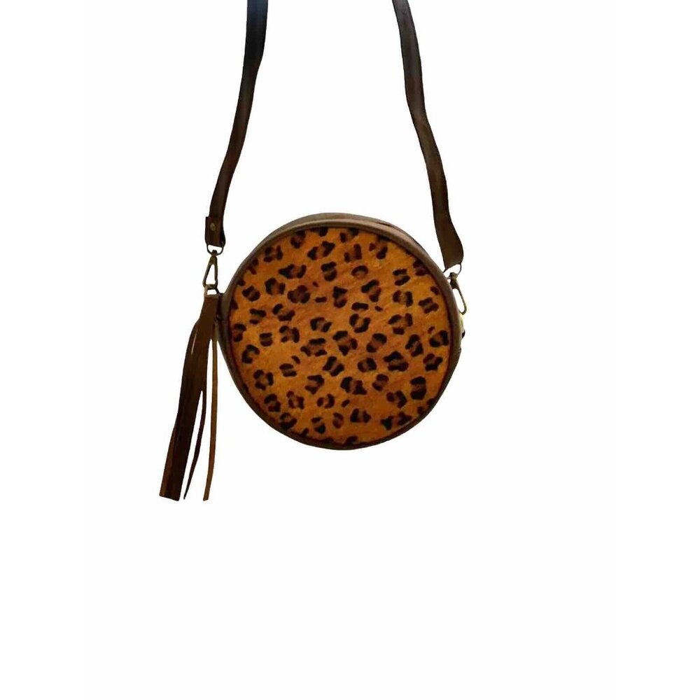 Purse Cowhide Leather Leopard Print Round Crossbody Bag